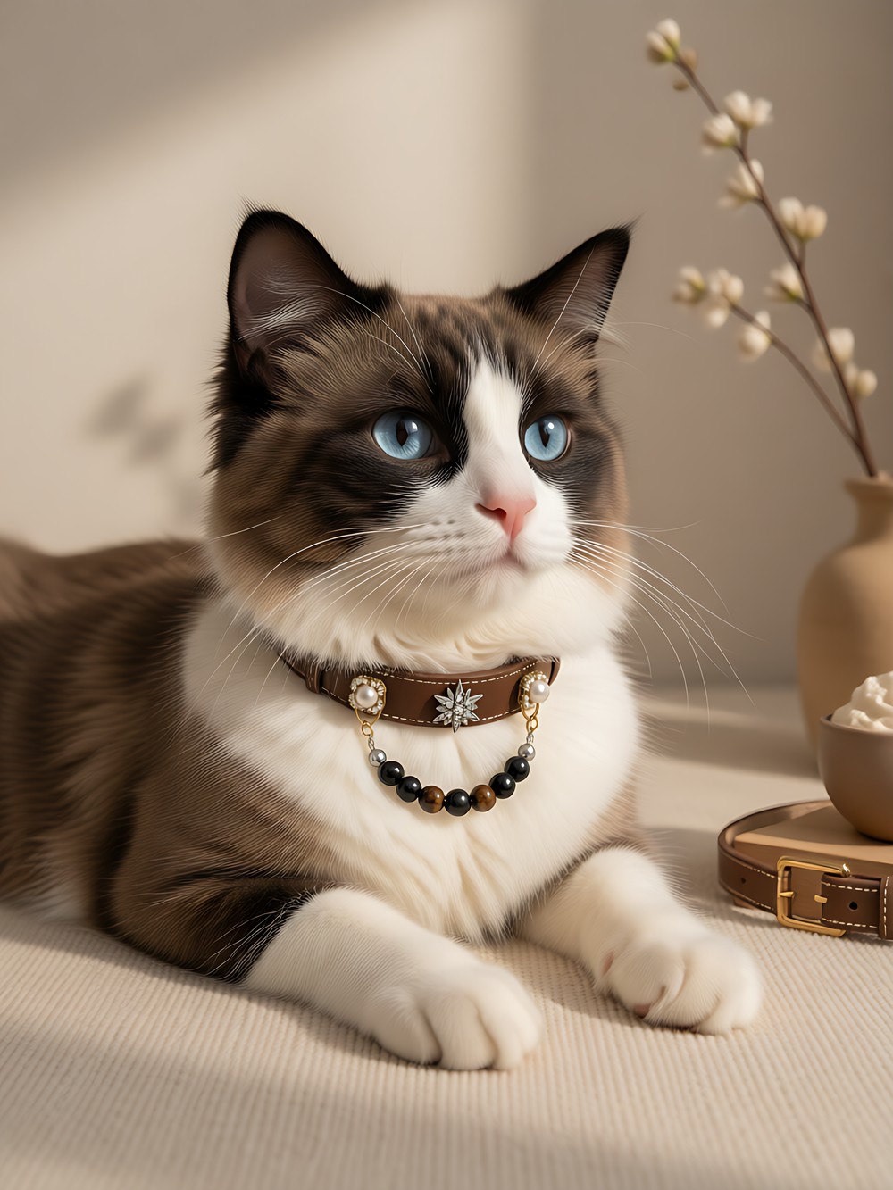 Seal bicolor Ragdoll cat wearing The Brown Starlight Collar