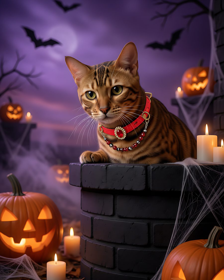 Leopard cat wearing the ruby red collar