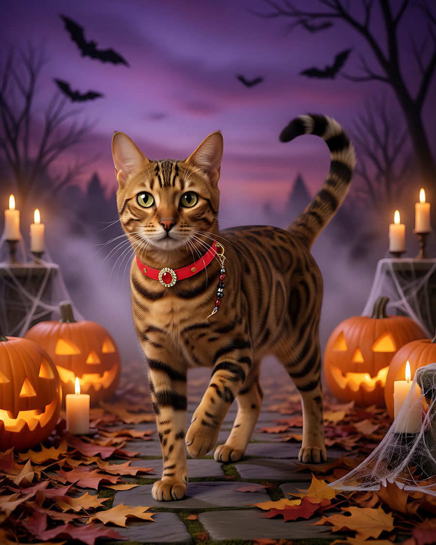 Leopard cat wearing the ruby red collar